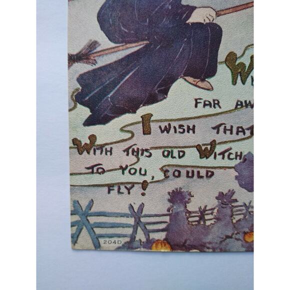 Halloween Postcard Gothic Witch Flying By Pumpkin Patch 204D FA Owen Providence - Picture 4 of 5